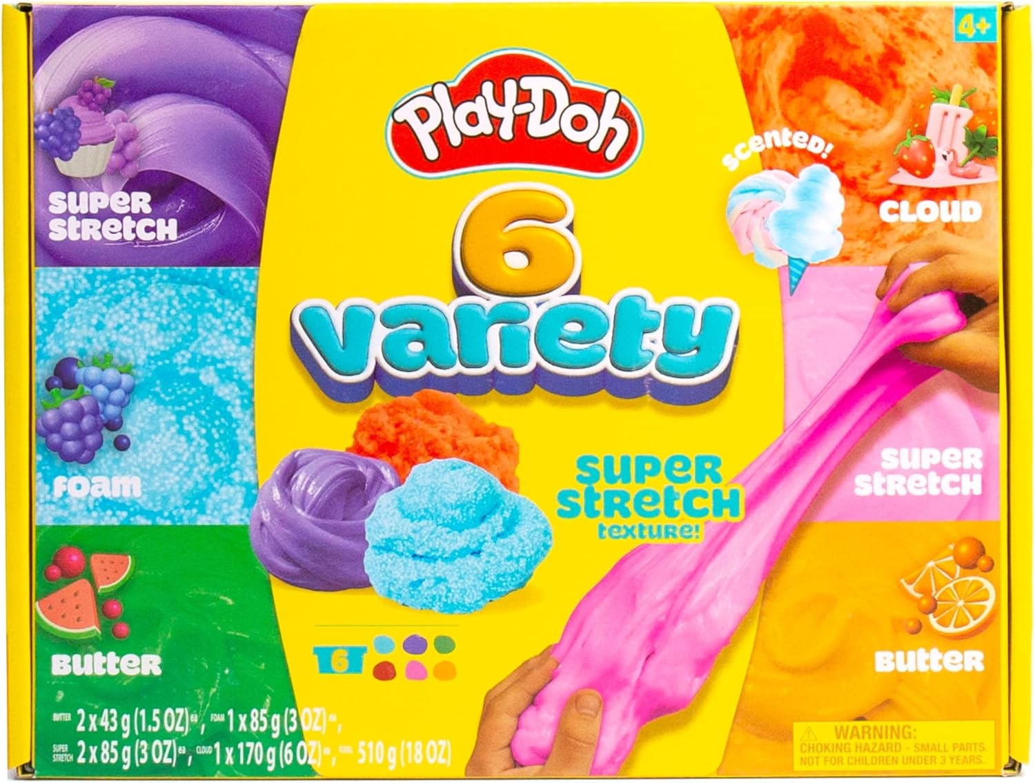 Play-Doh Scented Slime Variety Pack, 6-Pack Variety, Super Stretch, Foam, Butter &amp; Cloud Slime (Strawberry, Grape, Cotton Candy, Blue Raspberry, Watermelon, Citrus Scented), Gifts and Party Favors