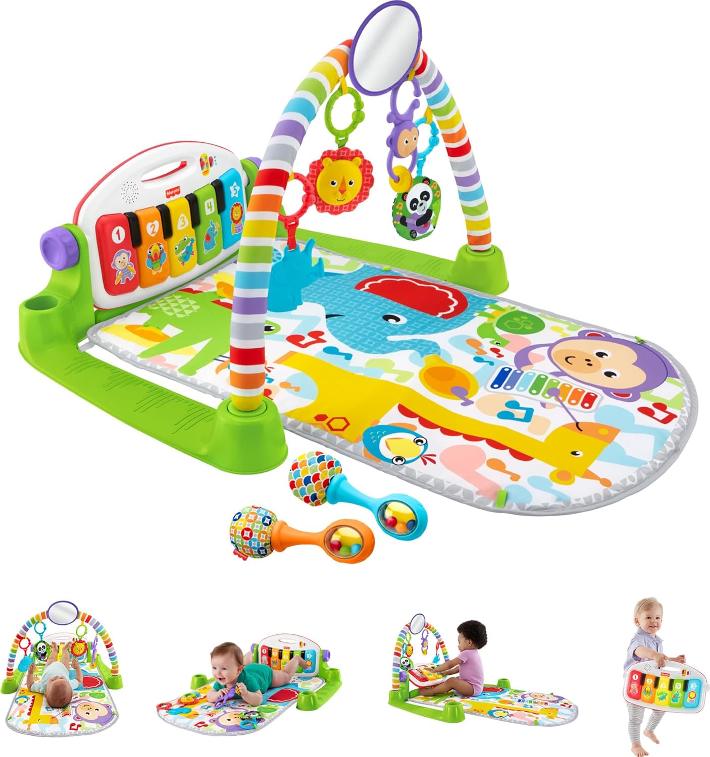 Fisher-Price Baby Playmat Deluxe Kick &amp; Play Piano Gym for Learning &amp; 2 Maracas Soft Rattles for Newborn to Toddler Play Ages 0+ Months