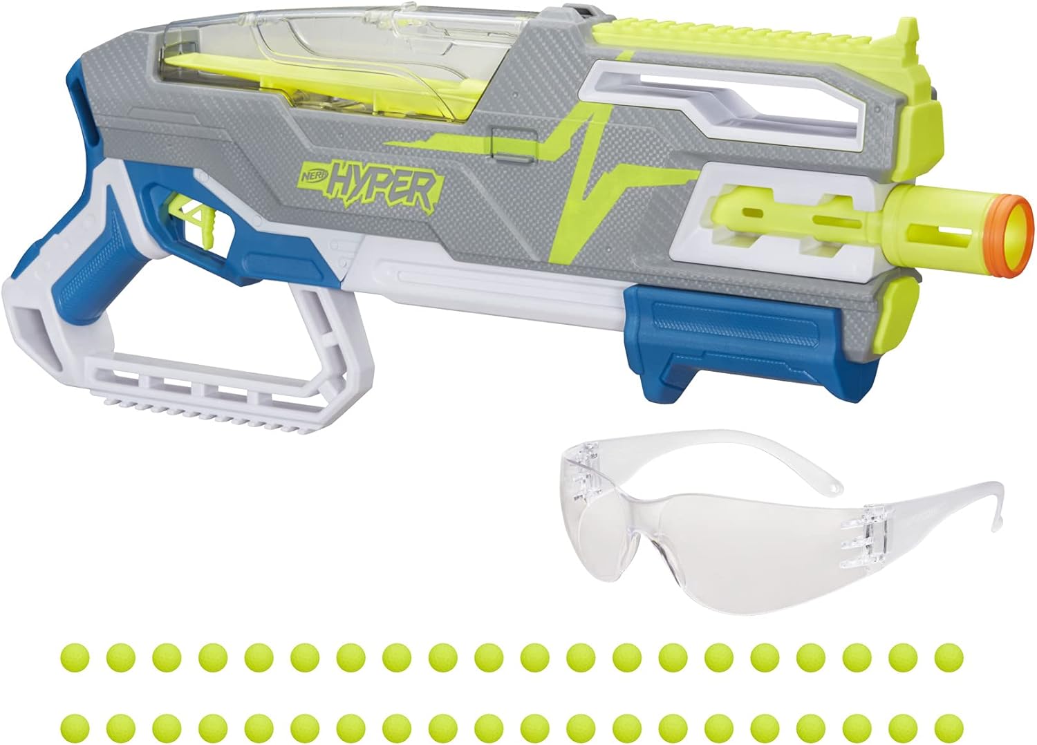 Nerf Hyper Siege-50 Pump-Action Blaster, 40 Hyper Rounds, Eyewear, Up to 110 FPS Velocity, Easy Reload, Holds Up to 50 Rounds