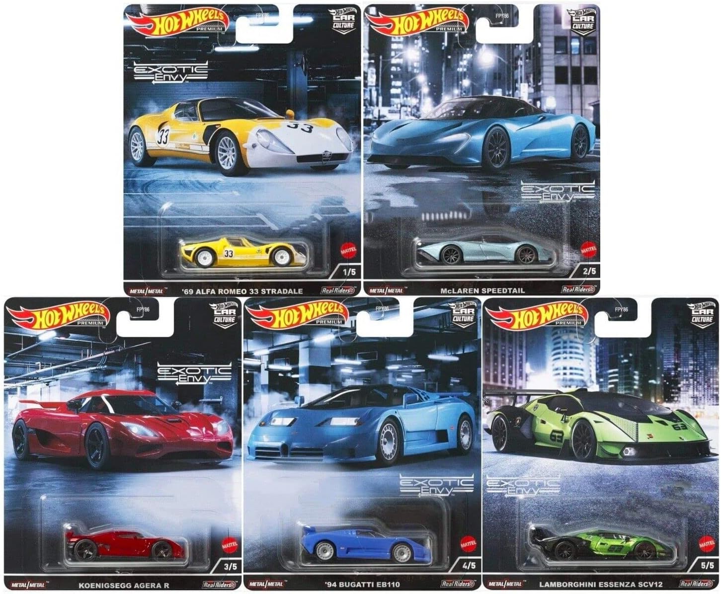 Hot Wheels Car Culture Exotic Envy Complete 5‑Car Bundle – 2022 Die‑Cast Supercar Collectible, 1:64 Scale, FPY86-957M, Ages 3+