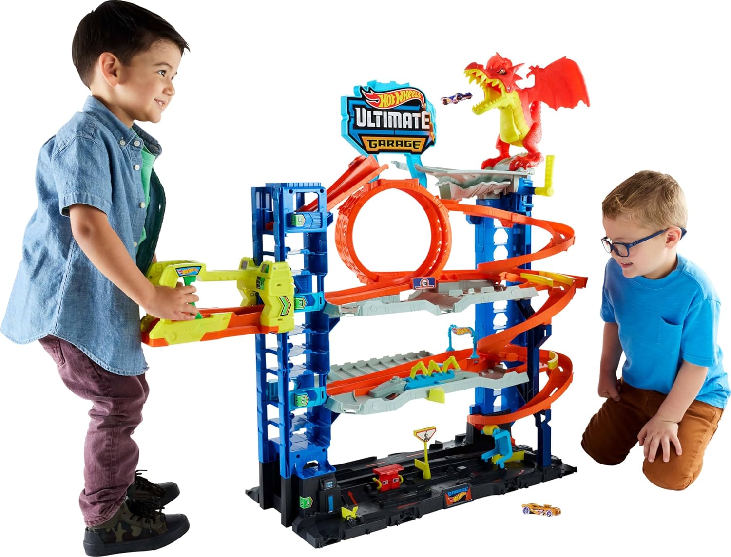 Hot Wheels City Ultimate Garage Track Set with 2 Die-Cast Toy Cars &amp; Car-Eating Dragon, Stores 50+ Vehicles, 4 Levels